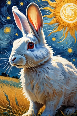 By Van gogh, Sun, wind, a rabbit, on a sunny day, oil painting, highly detailed, sharpness, dynamic lighting, super detailing, van gogh starry nights background, painterley effect, post impressionism, ,oil painting