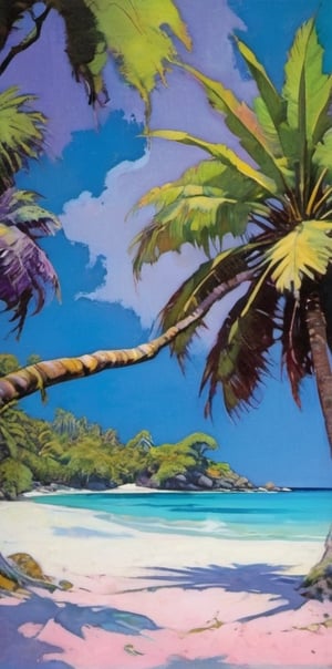 art nouveau style, an oil painting, a masterpiece, a tropical scene, blue lagoon, green palm trees, blue sky, white sand, art by TavitaNiko, art by mel odom, art by Klimt , art by brom, art by Warhol, art by frazetta, poster style, pink, baby blue, lilac,  