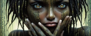 A dark black Nubian woman, extreme close up of her lips, ed hardy tatoos bold flat colour, luminous led tattoos on her hands and face, A charming character, bold, edgy, ethereal, immaculate composition, brian viveros, jean-baptiste, monge, dynamic pose, dynamic light and shadow, 8k resolution, digital art, art by sergio toppi, art design by sergio toppi,  more detail XL, close up, Oil painting, 8k, highly detailed,close up of both lips, 1000 mm lens, tamron, f2.8,  1 inch depth of field, focus on the lips, ,Matrix code
