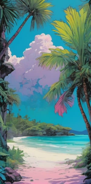 art nouveau style, an oil painting, a masterpiece, a tropical scene, blue lagoon, green palm trees, blue sky, white sand, art by TavitaNiko, art by mel odom, art by Klimt , art by brom, art by Warhol, art by frazetta, poster style, pink, baby blue, lilac,  