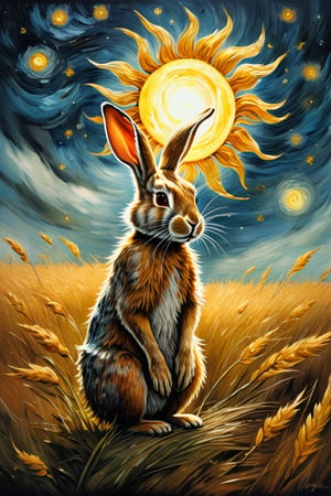 By Van gogh, Sun, wind, a rabbit, on a sunny day, oil painting, highly detailed, sharpness, dynamic lighting, super detailing, van gogh starry nights background, painterley effect, post impressionism, ,oil painting, in the style of esao andrews