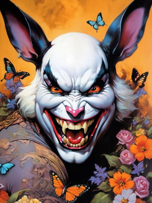 an extreme close up of the whole face, ear to ear in the frame, black background , hi res, 8k, white rabbit, big long rabbit teeth, Easter theme, Horror Comics style, art by brom, tattoo by ed hardy, shaved hair, neck tattoos andy warhol, heavily muscled, biceps,glam gore, horror, white rabbit, rabbit hole,  demonic, hell visions, demonic women, military poster style, chequer board, vogue easter bunny portrait, Horror Comics style, art by brom, smiling, tongue out, poking tongue at viewer, lennon sunglasses, rabbit ears, rabbit nose, rabbit fur, punk hairdo, tattoo by ed hardy, shaved hair, playboy bunny outfit, bunny tail, neck tattoos by andy warhol, heavily muscled, biceps, glam gore, horror, poster style, flower garden, Easter eggs, coloured foil, oversized monarch butterflies, tropical fish, flower garden,Leonardo Style