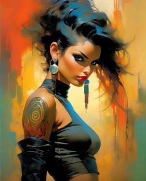 art by Masamune Shirow,art by boris vallejo, art by tavita niko, art by simon bisley, a full facial tattoo, a masterpiece, stunning beauty,  earrings, (An amazing and captivating oil painting :1.4),  (grunge style:1.1), (frutiger style:1.3), (colorful:1.3), (2004 aesthetics:1.2). BREAK (beautiful vector shapes:1.3), circles, swirls, (gradient background:1.3) highest quality, sharp details, oversaturated, detailed and intricate, original artwork, trendy, vintage, award-winning oil painting, , artint,
