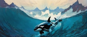 clear blue water, one orca swimming through the water, a dramatic lightening strike in the sky, movie poster style art by TavitaNiko, art by mel odom, art by Klimt , art by frazetta,  