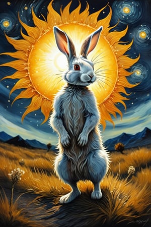 By Van gogh, Sun, wind, a rabbit, on a sunny day, oil painting, highly detailed, sharpness, dynamic lighting, super detailing, van gogh starry nights background, painterley effect, post impressionism, ,oil painting, in the style of esao andrews