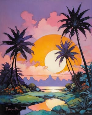 Vibrant Sunset Oasis: A masterpiece oil painting in Art Nouveau style, reminiscent of TavitaNiko's works. In the foreground, Miami Vice-inspired palm trees stretch towards a fiery sky as the sun sets behind them, casting a warm glow. Lilac, pink, mint, and yellow hues blend with white, evoking the dreamlike quality of Mel Odom's art. Klimt-esque ornate details and Brom-like mystique infuse the piece, while Warhol's pop art sensibilities are evident in the stylized palm fronds. Frazetta's fantasy flair is also present, as the scene transports viewers to a whimsical realm.