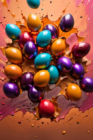 a photograph of Easter eggs , coloured foil eggs, caramello eggs, in a gradient cherry coloured background, fluid motion, dynamic movement, cinematic lighting, palette knife, digital artwork by Beksinski,action shot,sweetscape, 3D, oversized fruit, caramel theme, art by Klimt, airbrush art, 