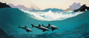 clear blue water,three dolphins swimming through the water, dramatic sky, art by TavitaNiko, art by mel odom, art by Klimt , art by frazetta,  