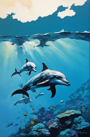  a tropical lagoon, clear blue water, dolphins swimming, water splashing, dramatic sky, art by TavitaNiko, art by mel odom, art by Klimt , art by Warhol, art by frazetta,  