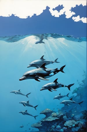 a tropical lagoon, clear blue water, dolphins swimming, water splashing, sky, art by TavitaNiko, art by mel odom, art by Klimt , art by brom, art by Warhol, art by frazetta,  