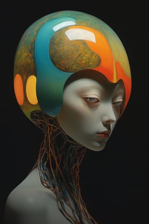 art by yashitomo nara, photo by man ray, a cube shaped head on sinewy shoulders, stunning beauty, hyper-realistic oil painting, vibrant colors, dark chiarascuro lighting, a telephoto shot, 1000mm lens, f2,8, ,p3rfect boobs,Vogue,more detail XL