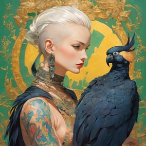 art by Masamune Shirow, art by J.C. Leyendecker, art by boris vallejo, a masterpiece, stunning beauty, hyper-realistic oil painting, vibrant colors, spanish women, black cockatoo, sulphur crested cockatoo, fashionistas, baroque style, art by sergio toppi, art design by sergio toppi, tattoo by ed hardy, shaved hair, neck tattoos andy warhol, heavily muscled, biceps,glam, women, military poster style, ,more detail XL,close up,Oil painting, 8k, highly detailed, in the style of esao andrews,Vogue style,Matrix code, dark chiarascuro lighting, a telephoto shot, 1000mm lens, f2,8,vertical lines of green matrix code
