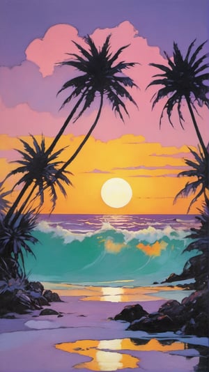 art nouveau style, an oil painting, a masterpiece, miami vice style palm trees, Sun setting behind them, art by TavitaNiko, art by mel odom, art by Klimt , art by brom, art by Warhol, art by frazetta, poster style, lilac, pink, mint, yellow m-white,
