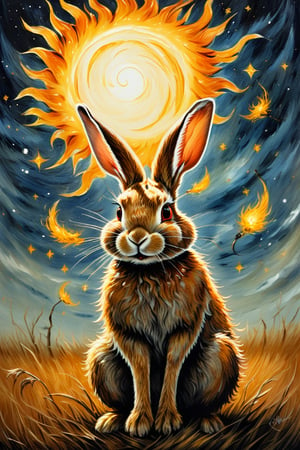 By Van gogh, Sun, wind, a rabbit, on a sunny day, oil painting, highly detailed, sharpness, dynamic lighting, super detailing, van gogh starry nights background, painterley effect, post impressionism, ,oil painting, in the style of esao andrews,halloween,Leonardo Style