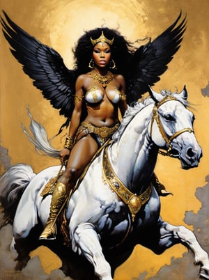 an oil painting, a masterpiece, a black female angel, gold and black wings sread out behind her, sat on a white horse, intricate jewellery, subtle tattoos,  painterly strokes of the brush, art by TavitaNiko, art by mel odom, art by Klimt , art by brom, art by Warhol, art by frazetta, 