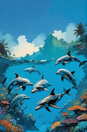  a tropical lagoon, clear blue water, dolphins swimming, water splashing, sky, art by TavitaNiko, art by mel odom, art by Klimt , art by brom, art by Warhol, art by frazetta,  