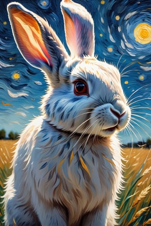 By Van gogh, Sun, wind, a rabbit, on a sunny day, oil painting, highly detailed, sharpness, dynamic lighting, super detailing, van gogh starry nights background, painterley effect, post impressionism, ,oil painting