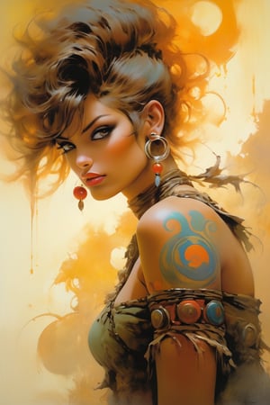 art by Masamune Shirow,art by boris vallejo, art by tavita niko, art by simon bisley, a full facial tattoo, a masterpiece, stunning beauty,  earrings, (An amazing and captivating oil painting :1.4),  (grunge style:1.1), (frutiger style:1.3), (colorful:1.3), (2004 aesthetics:1.2). BREAK (beautiful vector shapes:1.3), circles, swirls, (gradient background:1.3) highest quality, sharp details, oversaturated, detailed and intricate, original artwork, trendy, vintage, award-winning oil painting, , artint,
