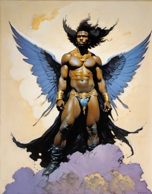 an oil painting, a masterpiece, a black male angel, wings spread,  art by TavitaNiko, art by mel odom, art by Klimt , art by brom, art by Warhol, art by frazetta, 