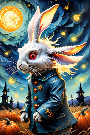 By Van gogh, Sun, wind, a rabbit, on a sunny day, oil painting, highly detailed, sharpness, dynamic lighting, super detailing, van gogh starry nights background, painterley effect, post impressionism, ,oil painting, in the style of esao andrews,halloween