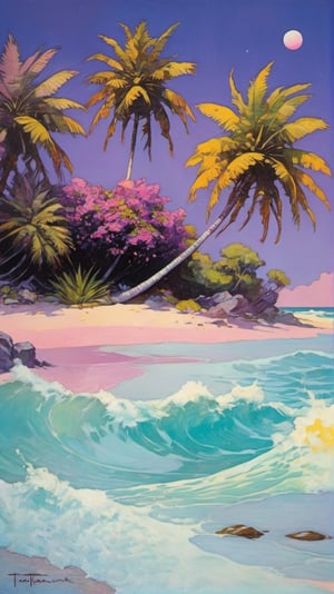 art nouveau style, an oil painting, a masterpiece, miami vice style palm trees, Sun setting behind them, art by TavitaNiko, art by mel odom, art by Klimt , art by brom, art by Warhol, art by frazetta, poster style, lilac, pink, mint, yellow m-white,