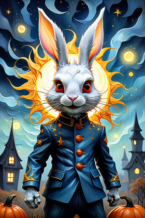 By Van gogh, Sun, wind, a rabbit, on a sunny day, oil painting, highly detailed, sharpness, dynamic lighting, super detailing, van gogh starry nights background, painterley effect, post impressionism, ,oil painting, in the style of esao andrews,halloween