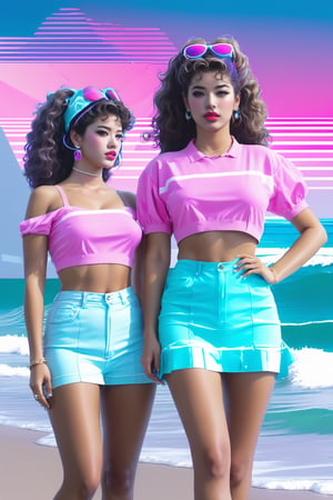 (Vaporwave Aesthetic:1.8), Beautiful vaporwave aesthetics in artwork, GTA girls on beach,slim 