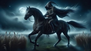 headless rider in a horse, grasses hump, night, moonlight,fog,orbstaff,DonMN1gh7XL 