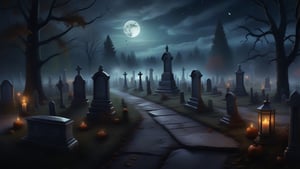 Masterpiece, photorealistic, old cemetery, dark night, moon, fog, candles, northern light, walking dead into the distance,firefliesfireflies,halloween