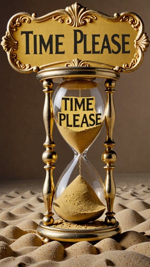 image of an antique gold hourglass with beautiful BAROQUE ornaments and a text bubble in sand that says "TIME, PLEASE".