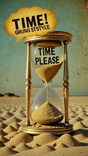 Image of an antique golden hourglass with a text bubble in sand that says "TIME, PLEASE", (grunge style:1.8)