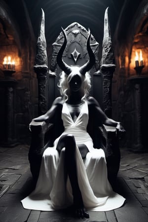 (sprawled out in a throne chair inside a necromancers dungeon:1.2) ,   a dark demon girl with black horns, (pitch black eyes, cosmic black:1), , bright bleach white tips  hair , well lit , very skinny, (wrap gown:1.1),  cosmic pattern on skin ,  