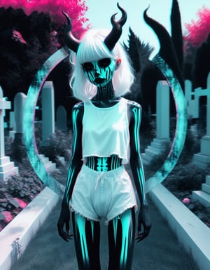 hyper realism, IR photo, light leaks, (split screen overlay , x-ray view:1.3), , , double exposure , , (glitched image:1.2), , , a glitched out portrait of a   demon girl walking through a graveyard  ,   pixelation , sinusoidal distortions, screen tear,  , post modern deconstruction , molecular view , vibrational spiral signals,  (rose garden overlay, split screen image:1.1), abstractions, experimental  
 , a very pale white skin demon girl with black horns,   , ( black gradient arms and legs:1.2) ,(updo bun white hair:1.2) , well lit , very skinny, 