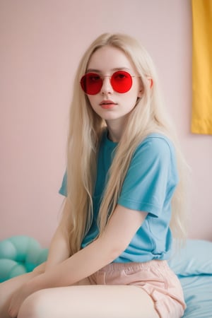 young pale skin   girl  with oversized red sunglesses,long messy blond hair , hair clip ,  , wearing t-shirt and shorts, 

(room has pastel walls with cute decorations, toys , cute furniture:1.1)  

( young face:1.2),
modern, (high detailed skin:1.2), 8k uhd, dslr, soft lighting, high quality, film grain, Fujifilm XT3 , cutie , relaxing, long hair, 