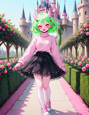 albino demon girl standing with ( green curls hair:1.3) , walking through pink rose bushes and castle in the distance, pink turtleneck sweater with (tulle skirt:1.2), braces, chewing gum , winking ,(long intricate horns:1.2) , sneakers with socks, 