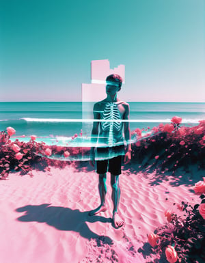 hyper realism, IR photo, light leaks, (split screen overlay , x-ray view:1.3), , , double exposure , , (glitched image:1.2), , , a glitched out person teleporting into a sunny beach  ,   pixelation , sinusoidal distortions, screen tear,  , post modern deconstruction , molecular view , vibrational spiral signals,  (rose garden overlay, split screen image:1.1), abstractions, experimental , 