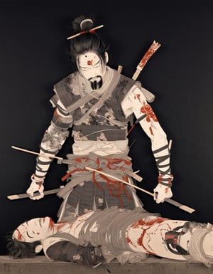 japanese line art    , a samurai( tied up  to a wooden steak with several arrows stuck in him,:1.2) lower body missing visible skeletal structure , ripped rags, rope and bloody ground, black skies and large moon , floral damask background ,  in the style of  takato yamamoto    ,  