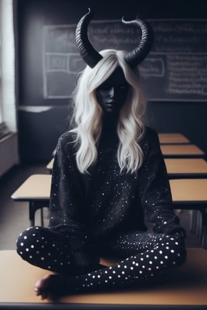 in an empty classroom ,  a dark demon girl with black horns, (pitch black eyes, cosmic black:1), , bright bleach white tips  hair , well lit , very skinny, wearing a (over sized sweater, and polka dot leggings:1.3)  cosmic pattern on skin ,  school classroom, desks and chairs, chalkboard,,  