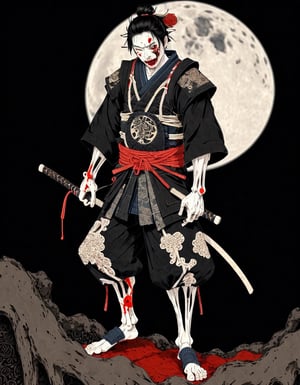 japanese line art    , a samurai, lower body damaged,  visible skeletal structure , ripped rags, rope and bloody ground, black skies and large moon , floral damask background ,  in the style of  takato yamamoto    ,  