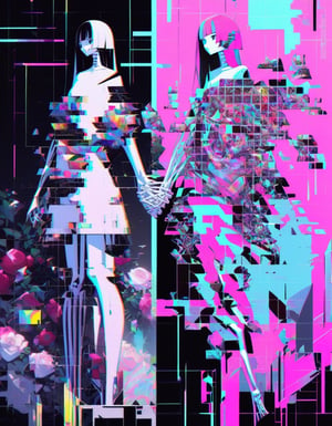 (split screen overlay , glitch, x-ray view:1.3), , cubist art style, , patch work glitched background (glitch split screen misaligned , overlay collage of geometric images:1.2), ,cubist slender stylish skeletal figure two woman walking through in a glitched digital misaligned broken image of a rose garden , holding hands, , , pixelation 