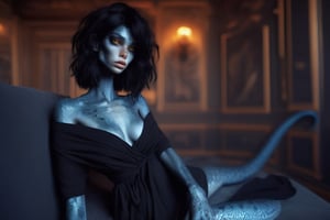 lounging around a fancy hotel  room a very lanky , blue skin reptilian girl , (black hair, wearing off shoulder black wrap dress:1.2), cleavage , freckles,  , (raw photo:1.4), (photorealistic:1.3),  best quality, highest quality, extremely detailed CG unity 8k wallpaper, detailed and intricate, original,highres,   ,realistic:1.3,(ambient light:1),(neon lights:0.1),(HDR:1),