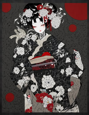 black and white line art painting , floral print, flower, hair ornament, japanese clothes, kimono, obi, red lips, sash , dark ambiance , skeletal body parts, weathered canvas and brushstroke , , in the style of takato yamamoto 