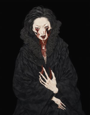 japanese line art ,a mature woman wearing a black large fur coat with skeletal hands, flesh of her cheek missing exposing buccinator muscle and mandible bone , dripping blood, skeletal figures, gore, (aged black background:1.2) , weathered canvas and brushstroke , (intricate eyeball pattern background:1) , , bad quality , low res, , in the style of takato yamamoto unfinished, ugly,