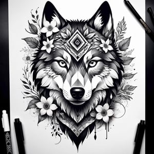 Visual Design, Tattoo, aesthetic, a black and white drawing of a wolf head with flowers and other designs on it, a detailed drawing, behance contest winner, elaborate ink illustration, intricate ink illustration, geometric wolf, tattoo design, hyper detailed wolf - like face, ink artwork,more detail XL