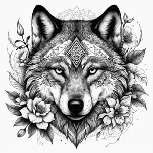 Visual Design, Tattoo, aesthetic, a black and white drawing of a wolf head with flowers and other designs on it, a detailed drawing, behance contest winner, elaborate ink illustration, intricate ink illustration, geometric wolf, tattoo design, hyper detailed wolf - like face, ink artwork,more detail XL
