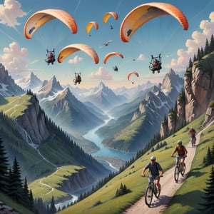 Realistic, Exciting, aesthetic, a painting of people in the mountains with paragliders, bicycles, and, inspired by Rob Gonsalves, an ultrafine detailed painting, cg society contest winner, high detailed illustration, epic full color illustration, higher detailed illustration, highly-detailed illustration, very detailed illustration, highly detailed illustration