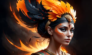 Generate an image of an Egyptian pharaoh's woman head wearing a Nemes headdress and a cobra symbol, depicted in a hyper-realistic digital art style with a cracked texture and fiery orange and black splashes. The image should have a dark background and convey a mysterious, powerful, and enigmatic atmosphere.