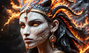 Generate an image of an Egyptian pharaoh's woman head wearing a Nemes headdress and a cobra symbol, depicted in a hyper-realistic digital art style with a cracked texture and fiery orange and black splashes. The image should have a dark background and convey a mysterious, powerful, and enigmatic atmosphere., side view, fire element,faize,more detail XL