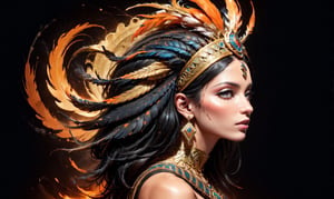 Generate an image of an Egyptian pharaoh's woman head wearing a Nemes headdress and a cobra symbol, depicted in a hyper-realistic digital art style with a cracked texture and fiery orange and black splashes. The image should have a dark background and convey a mysterious, powerful, and enigmatic atmosphere., side view,Enhanced All,DonM3l3m3nt4lXL,action shot