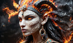 Generate an image of an Egyptian pharaoh's woman head wearing a Nemes headdress and a cobra symbol, depicted in a hyper-realistic digital art style with a cracked texture and fiery orange and black splashes. The image should have a dark background and convey a mysterious, powerful, and enigmatic atmosphere., side view, fire element,faize,more detail XL